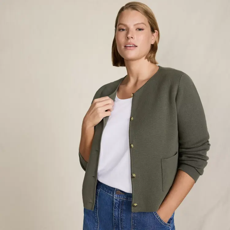 It's Layering Season... And These Top Layers are Tops 7 Lands' End Women's Fine Gauge Cotton Milano Blazer Sweater in Forest Moss color