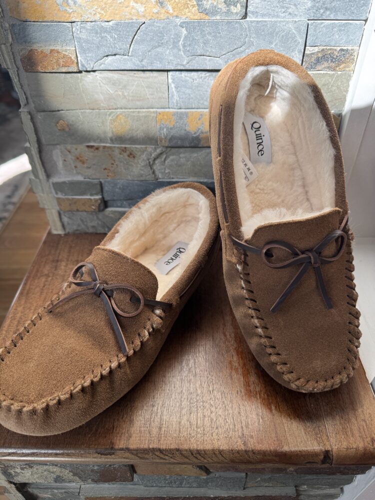 Quince Shoes Review: Italian Leather Boots, Loafers, and Flats Tested by a Real Woman in Her 50s 10 Quince Australian Shearling Moccasin Slippers review by Wardrobe Oxygen