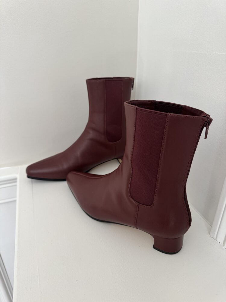 Quince Shoes Review: Italian Leather Boots, Loafers, and Flats Tested by a Real Woman in Her 50s 4 Quince Italian Leather Kitten Heel Ankle Boot in Merlot review by Wardrobe Oxygen