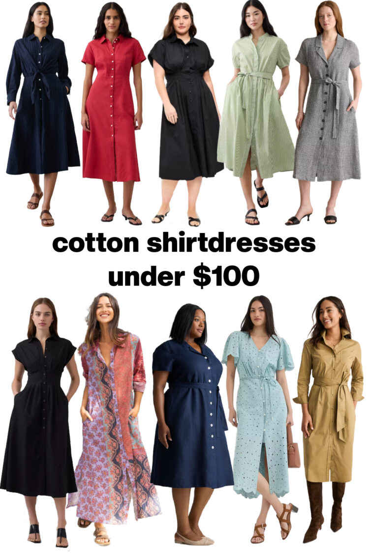 The Best Spring Shirtdresses in Cotton & Linen Sorted by Size, Style & Occasion 8 collage of 10 cotton and linen shirtdresses for spring 2026 that cost less than $100