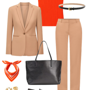 Look 1 Spring 2026 petite and midsize capsule wardrobe outfit 1: camel blazer, orange ribbed tank, camel trousers, black tote