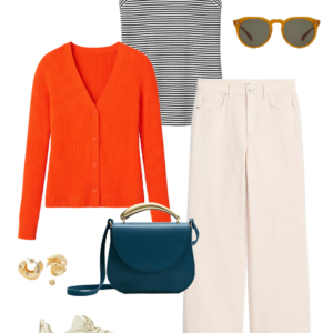 Look 16 Spring 2026 petite and midsize capsule wardrobe outfit 16: orange cardigan, striped tank, cream wide-leg jeans, teal crossbody bag, sneakers