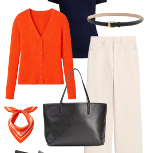 L0ok 17 Spring 2026 petite and midsize capsule wardrobe outfit 17: orange cardigan, navy tee, cream wide-leg jeans, black tote, orange bandana scarf, loafers
