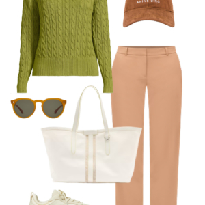 Look 19 Spring 2026 petite and midsize capsule wardrobe outfit 19: lime cable-knit sweater, camel trousers, cream tote, sneakers, baseball cap