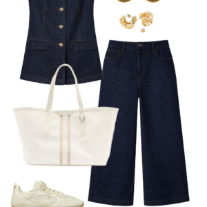 Look 21 Spring 2026 petite and midsize capsule wardrobe outfit 21: denim vest, dark wide-leg jeans, cream tote, sneakers