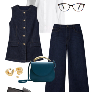 Look 22 Spring 2026 petite and midsize capsule wardrobe outfit 22: denim vest, white button-down shirt, dark wide-leg jeans, teal crossbody bag, loafers