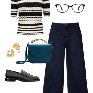 Look 24 Spring 2026 petite and midsize capsule wardrobe outfit 24: black and white striped sweater, dark wide-leg jeans, teal crossbody bag, loafers