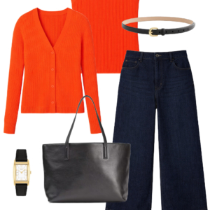 Look 26 Spring 2026 petite and midsize capsule wardrobe outfit 26: orange cardigan, orange ribbed tank, dark wide-leg jeans, black tote, loafers