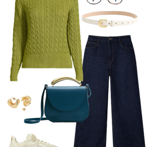 Look 27 Spring 2026 petite and midsize capsule wardrobe outfit 27: lime cable-knit sweater, dark wide-leg jeans, teal crossbody bag, sneakers