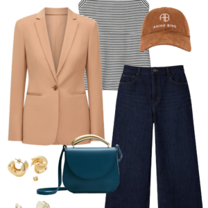 Look 28 Spring 2026 petite and midsize capsule wardrobe outfit 28: camel blazer, striped tank, dark wide-leg jeans, teal crossbody bag, sneakers, baseball cap