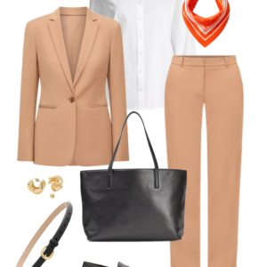 Look 4 Spring 2026 petite and midsize capsule wardrobe outfit 4: camel blazer, white button-down shirt, camel trousers, orange bandana scarf