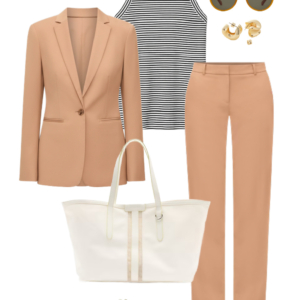 Look 5 Spring 2026 petite and midsize capsule wardrobe outfit 5: camel blazer, striped tank, camel trousers, cream tote, sneakers