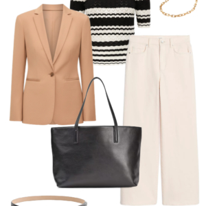 Look 6 Spring 2026 petite and midsize capsule wardrobe outfit 6: camel blazer, black and white striped sweater, cream wide-leg jeans, black tote