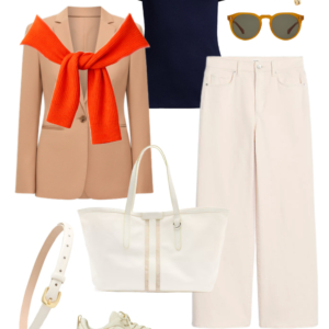 Look 8 Spring 2026 petite and midsize capsule wardrobe outfit 8: camel blazer, orange cardigan tied over shoulders, navy tee, cream wide-leg jeans, cream tote