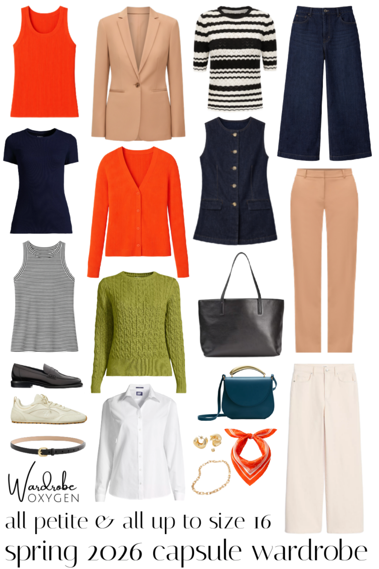 Spring 2026 Capsule Wardrobe: Petite & Midsize Friendly, All Up to Size 16 1 midsize and petite friendly spring 2026 capsule wardrobe featuring an Ann Taylor camel pantsuit and dark denim separates with colorful sweaters and classic stripes.