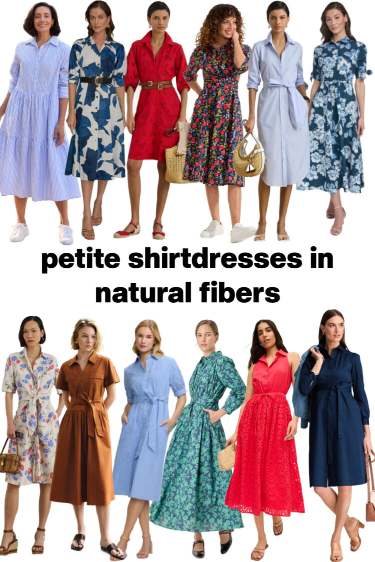 The Best Spring Shirtdresses in Cotton & Linen Sorted by Size, Style & Occasion 6 a collage of 12 cotton petite shirtdresses for spring 2026 curated by wardrobe oxygen