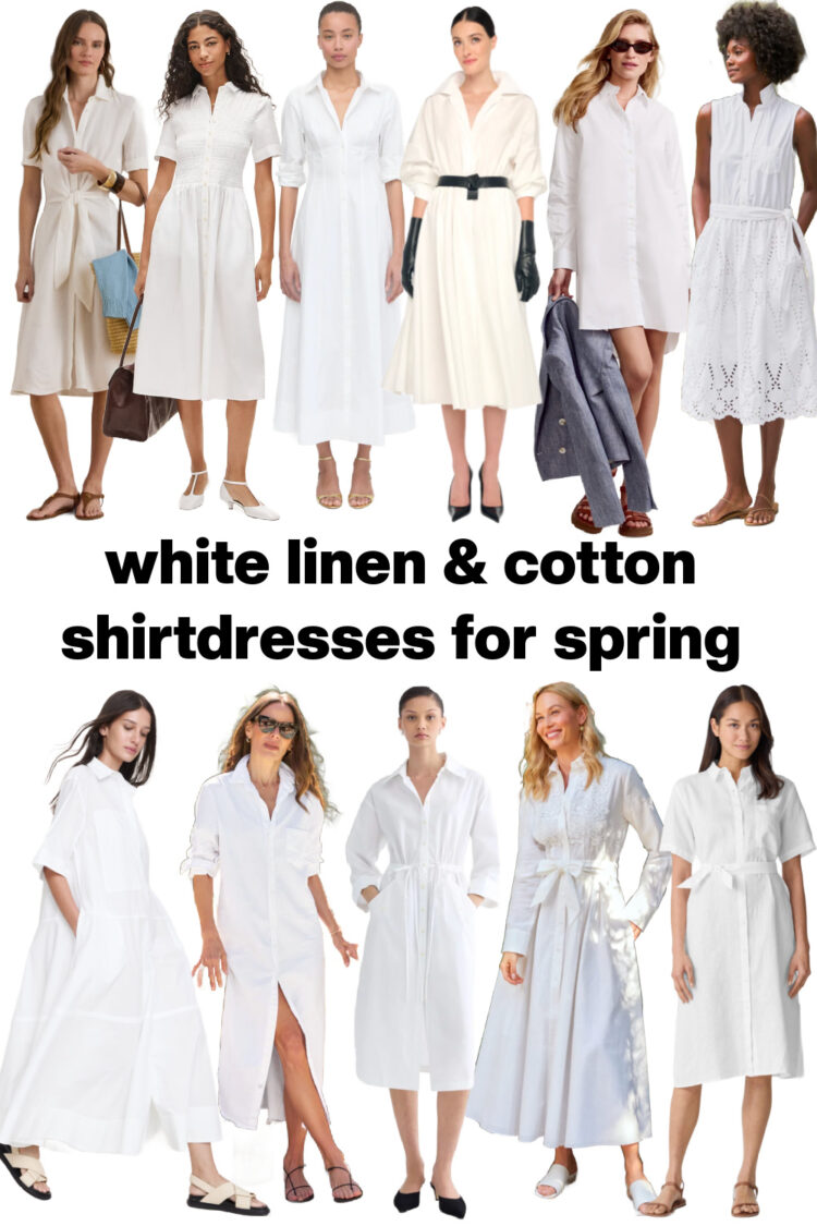 The Best Spring Shirtdresses in Cotton & Linen Sorted by Size, Style & Occasion 9 a collage of 11 white cotton and linen shirtdresses for women available in misses, petite, tall, and plus sizes for spring 2026