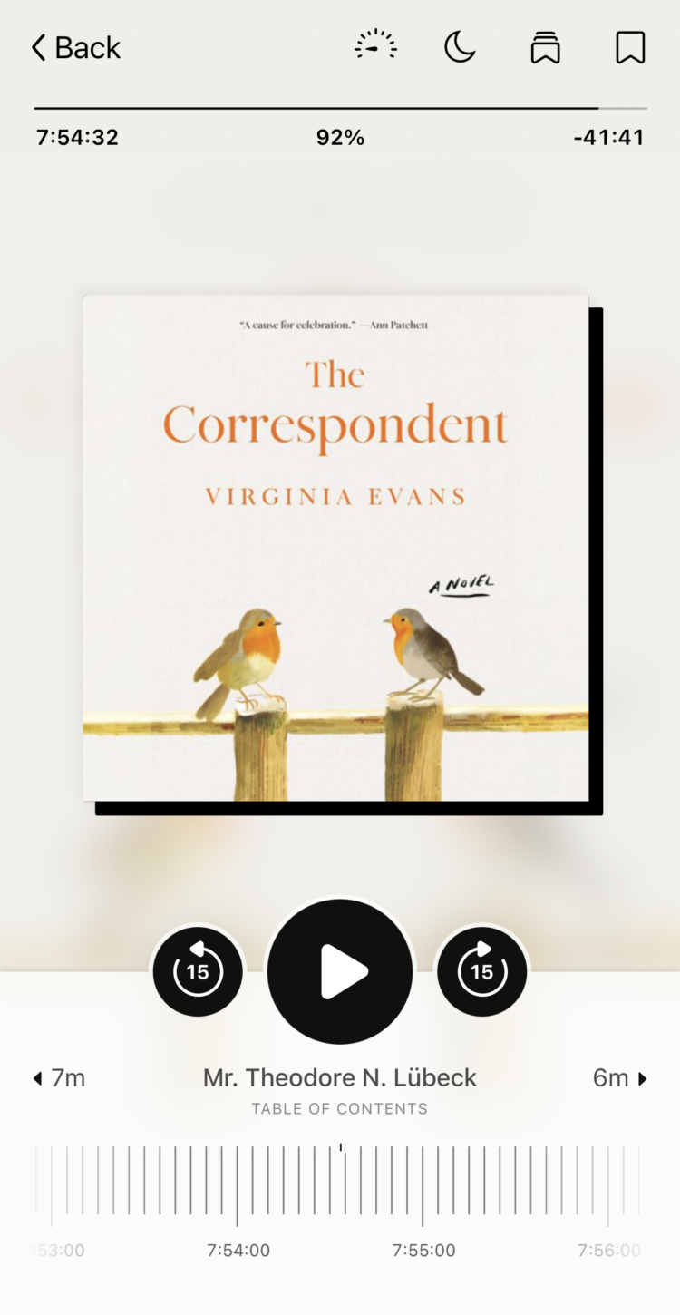 Weekend Reads for the Beginning of March 2 Screenshot of The Correspondent by Virginia Evans (Audiobook) in the Libby app