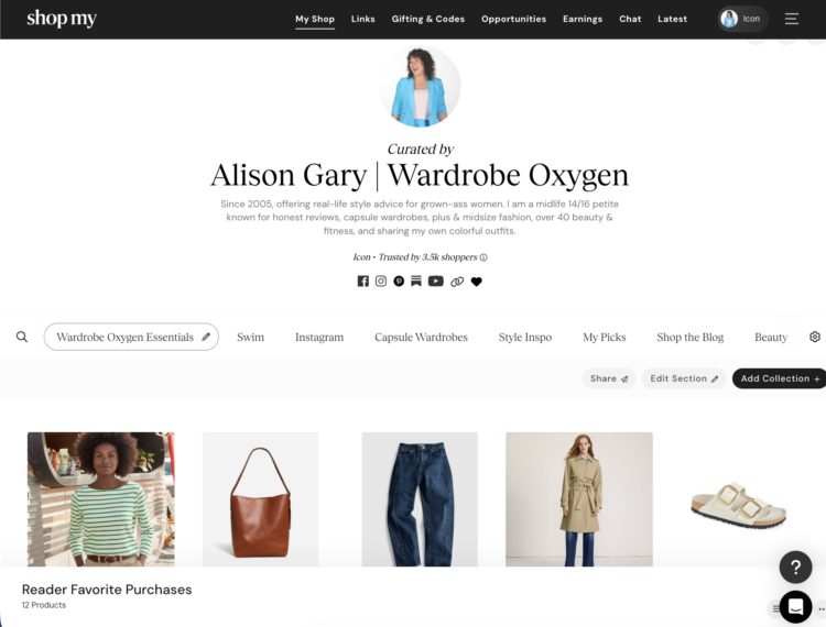 Is ShopMy Worth It? A Full-Time Blogger's Honest Take 1 Screenshot of the ShopMy shop for Alison Gary of Wardrobe Oxygen