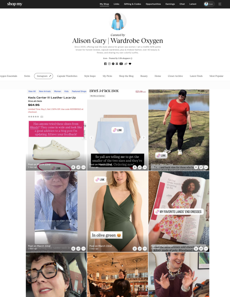 Is ShopMy Worth It? A Full-Time Blogger's Honest Take 6 Screenshot of Alison Gary's "Instagram" tab in her ShopMy shop for Wardrobe Oxygen