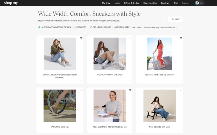 Is ShopMy Worth It? A Full-Time Blogger's Honest Take 10 screenshot from ShopMy of a shelf featuring wide width comfort sneakers