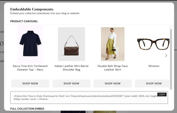 Is ShopMy Worth It? A Full-Time Blogger's Honest Take 13 Showing the embeddable components tools in a ShopMy shelf