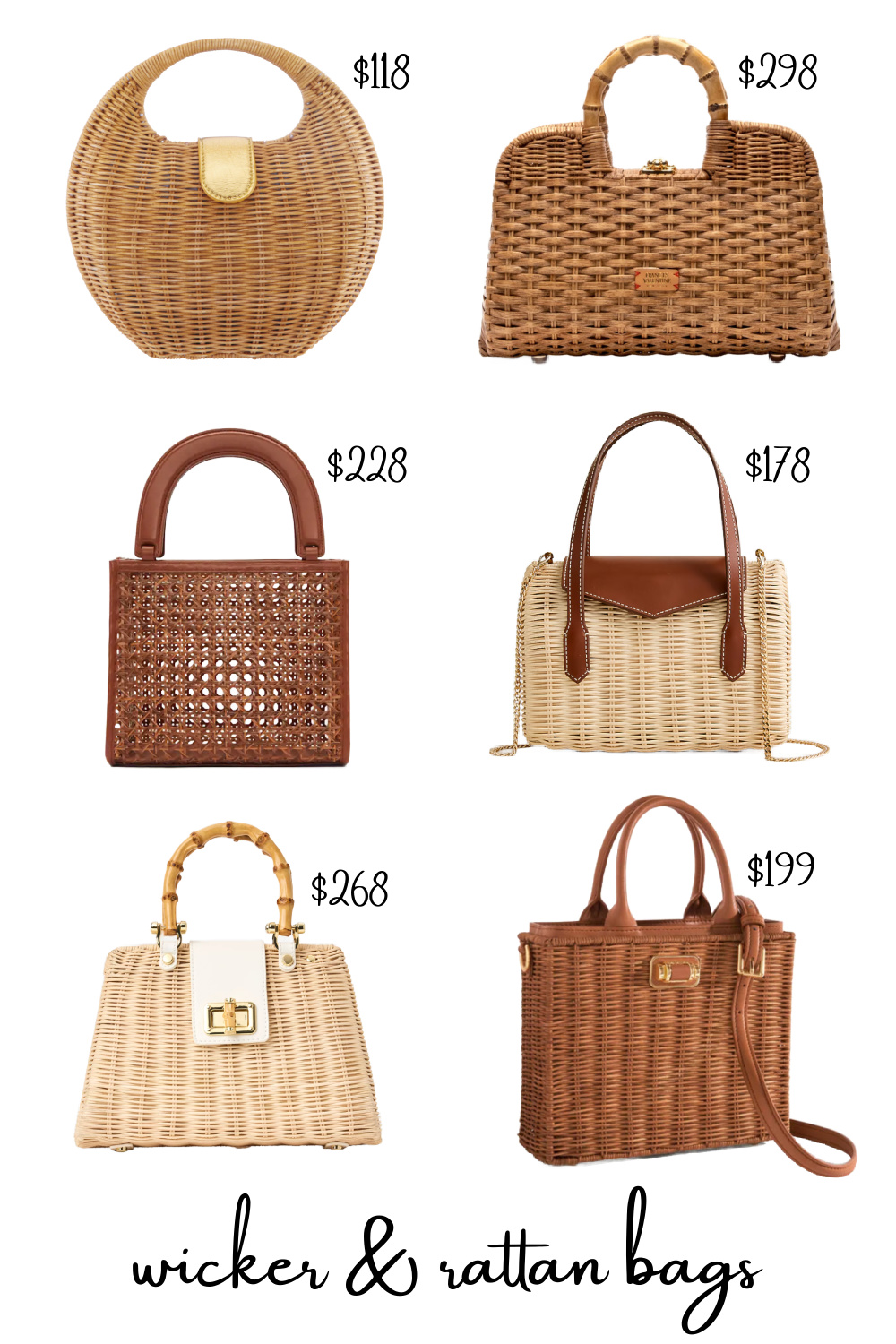 collage of six stylish wicker and rattan bags for women on trend for 2026