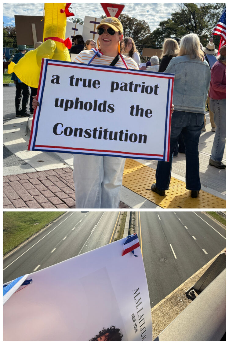 The March 28 NO KINGS Protest: Attending is Being a True Patriot 5 Alison Gary of Wardrobe Oxygen at the October 2025 NO KINGS protest holding a handmade sign that says a true patriot upholds the constitution