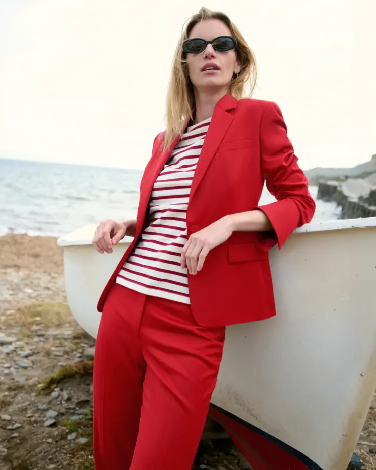 Weekend Reads for the 3rd No Kings Weekend 4 mmlafleur yasmine blazer in sunset with matching pants and breton stripe top