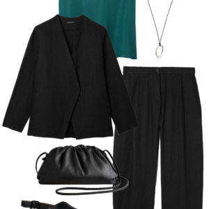 o11 Vacation outfit collage: teal silk tank and black wide-leg pants with a black open blazer, long silver pendant necklace, black leather drawstring crossbody bag, and black Camper Dana sandals.