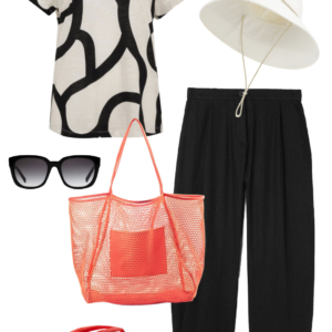 o12 Vacation outfit collage: black and cream abstract print tee and black wide-leg pants with a cream UPF brimmer hat, black sunglasses, coral mesh tote bag, and coral Archies flip flops.