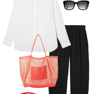 o13 Vacation outfit collage: white button-down shirt and black wide-leg pants with black sunglasses, coral mesh tote bag, and coral Archies flip flops.