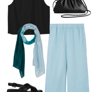 o17 Vacation outfit collage: black tank and sky blue wide-leg pants with a teal-to-sky-blue ombre scarf, silver ball stud earrings, black leather drawstring crossbody bag, and black Camper Dana sandals.