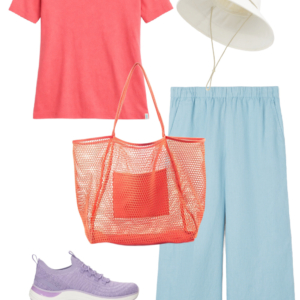 o19 Vacation outfit collage: coral UPF tee and sky blue wide-leg pants with a cream UPF brimmer hat, coral mesh tote bag, and lavender Keds BlissMove sneakers.
