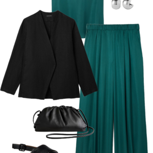 o2 Vacation outfit collage: teal silk tank and teal wide-leg pants with a black open blazer, silver ball stud earrings, and black leather drawstring crossbody bag with Camper Dana black crossover sandals.