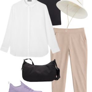 o21 Vacation outfit collage: navy tank layered under an open white button-down shirt with tan Athleta Brooklyn ankle pants, cream UPF brimmer hat, black water-resistant crossbody bag, and lavender Keds BlissMove sneakers.
