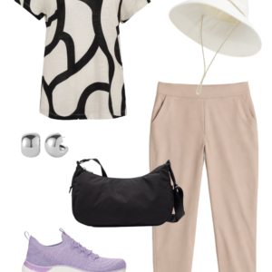 o22 Vacation outfit collage: black and cream abstract print tee and tan Athleta Brooklyn ankle pants with a cream UPF brimmer hat, silver ball stud earrings, black water-resistant crossbody bag, and lavender Keds BlissMove sneakers.