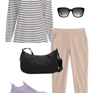 o23 Vacation outfit collage: black and white striped Lands' End UPF hooded tunic and tan Athleta Brooklyn ankle pants with black sunglasses, black water-resistant crossbody bag, and lavender Keds BlissMove sneakers.