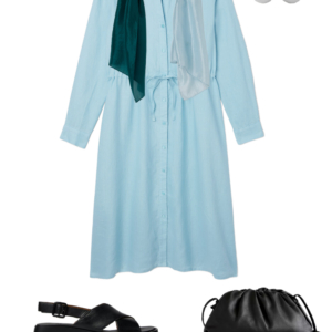 o25 Vacation outfit collage: sky blue shirtdress worn as a dress with a teal-to-sky-blue ombre scarf draped at the neckline, silver ball stud earrings, black leather drawstring crossbody bag, and black Camper Dana sandals.