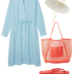 o26 Vacation outfit collage: sky blue shirtdress as a standalone dress with a cream UPF brimmer hat, coral mesh tote bag, and coral Archies flip flops.