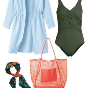 o27 Vacation outfit collage: sky blue shirtdress worn open as a swim coverup over a dark olive one-piece swimsuit, teal floral silk square scarf, coral mesh tote bag, and coral Archies flip flops.