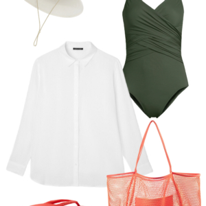 o29 Vacation outfit collage: dark olive one-piece swimsuit with white button-down shirt worn open as a swim coverup, cream UPF brimmer hat, black sunglasses, coral mesh tote bag, and coral Archies flip flops.