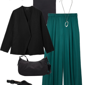 o3 Vacation outfit collage: navy tank and teal wide-leg pants with a black open blazer, long silver pendant necklace, black sunglasses, and black water-resistant crossbody bag with black Camper Dana sandals.
