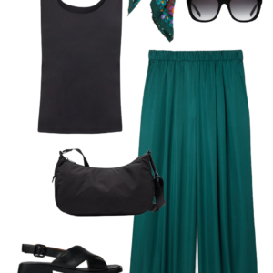 o4 Vacation outfit collage: black tank and teal wide-leg pants with a teal floral silk square scarf tied at the neck, black sunglasses, and black water-resistant crossbody bag with black Camper Dana sandals.