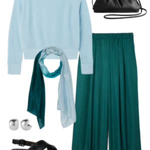 o7 Vacation outfit collage: sky blue sweater and teal wide-leg pants with a teal-to-sky-blue ombre scarf, silver ball stud earrings, black leather drawstring crossbody bag, and black Camper Dana sandals.