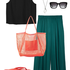 o8 Vacation outfit collage: black tank and teal wide-leg pants with a long silver pendant necklace, black sunglasses, coral mesh tote bag, and coral Archies flip flops.