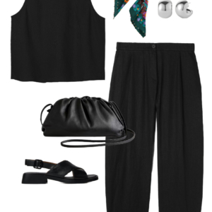 o9 Vacation outfit collage: black tank and black wide-leg pants with a teal floral silk square scarf tied at the neck, silver ball stud earrings, black leather drawstring crossbody bag, and black Camper Dana sandals.
